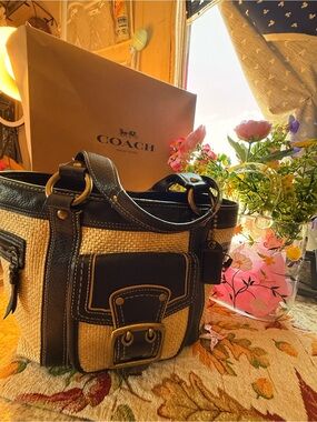 Coach Black & Beige Straw Shoulder Bag with Leather Trim